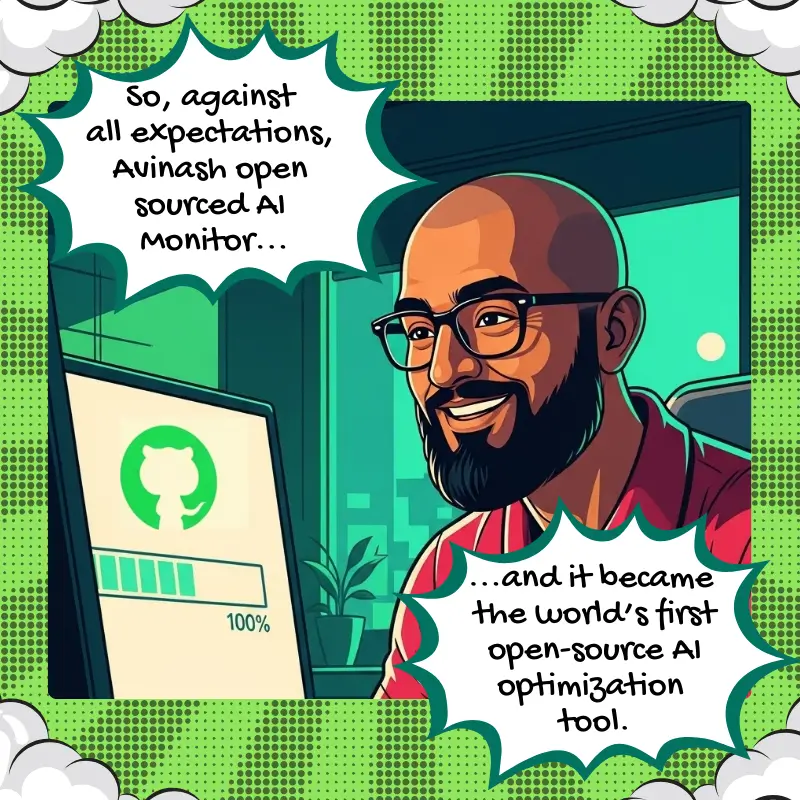 A comic-style illustration of Avinash, the founder of AI Monitor, smiling as he sits at a desk in front of a computer. The computer screen shows a progress bar nearing 100%. A speech bubble above Avinash reads, 'Ignoring them, Avinash released the source code for AI Monitor to the world.' The setting is a modern office with a glowing city skyline visible outside.