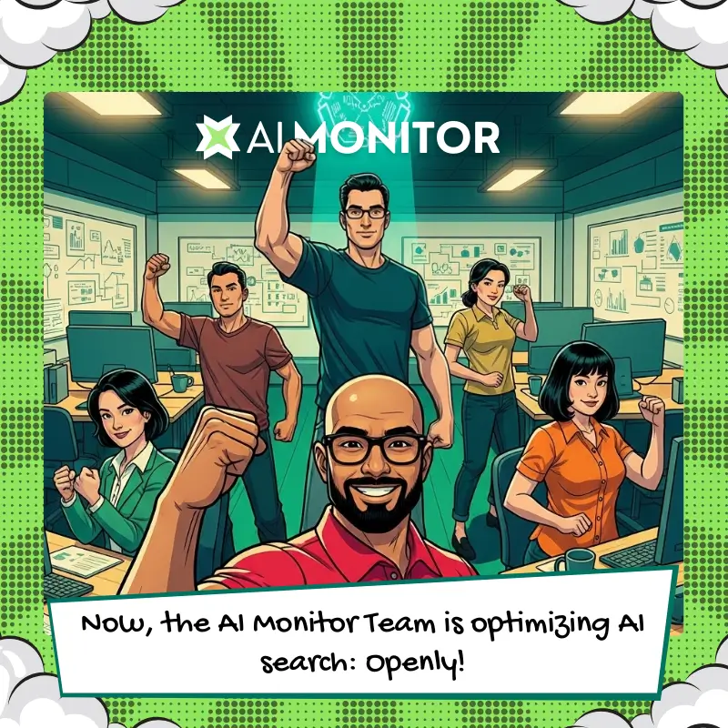 A comic-style illustration showing the AI Monitor team standing together in a modern office. Avinash, the founder, is smiling in the front with his fist raised in a celebratory gesture. The rest of the team, a diverse group of individuals, are also raising their fists in solidarity. Behind them is a glowing AI Monitor logo and multiple digital screens displaying data. The text at the bottom reads, 'The whole AI Monitor team is now ready to build a better world, together.