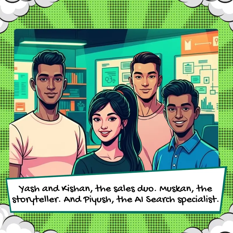 Comic-style illustration of three AI Monitor team members smiling in an office with digital dashboards in the background. A text box reads, 'He couldn’t do it alone. He assembled a team of brilliant minds: Aditya and Sharvya, the builders, and Roshan, the designer-wiz.'