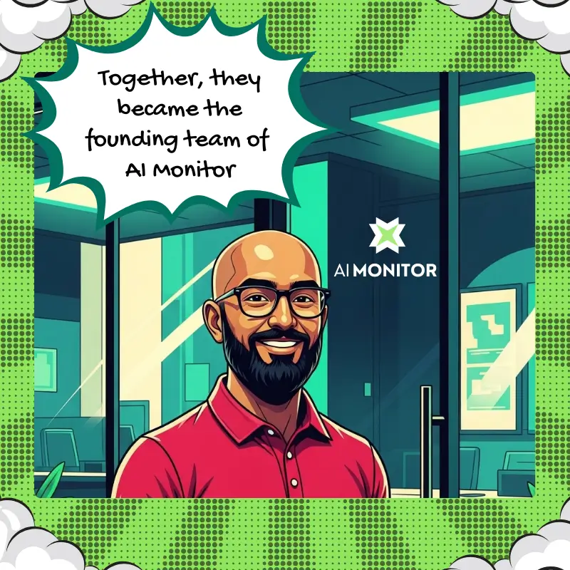 Comic-style illustration of four AI Monitor team members smiling in an office with charts and diagrams on the wall. A text box reads, 'Yash, the pattern-seer; Muskan, the storyteller; and Piyush & Saroj, the organizers, completed the founding team of AI Monitor.'