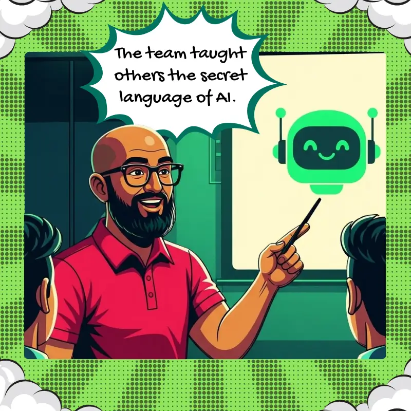 A comic-style illustration featuring the founder of AI Monitor, a man in a red polo shirt, standing in front of a screen displaying a smiling AI robot. He is holding a pointer while explaining something to two individuals in front of him. A speech bubble above him says, 'The team taught others the secret language of AI.'