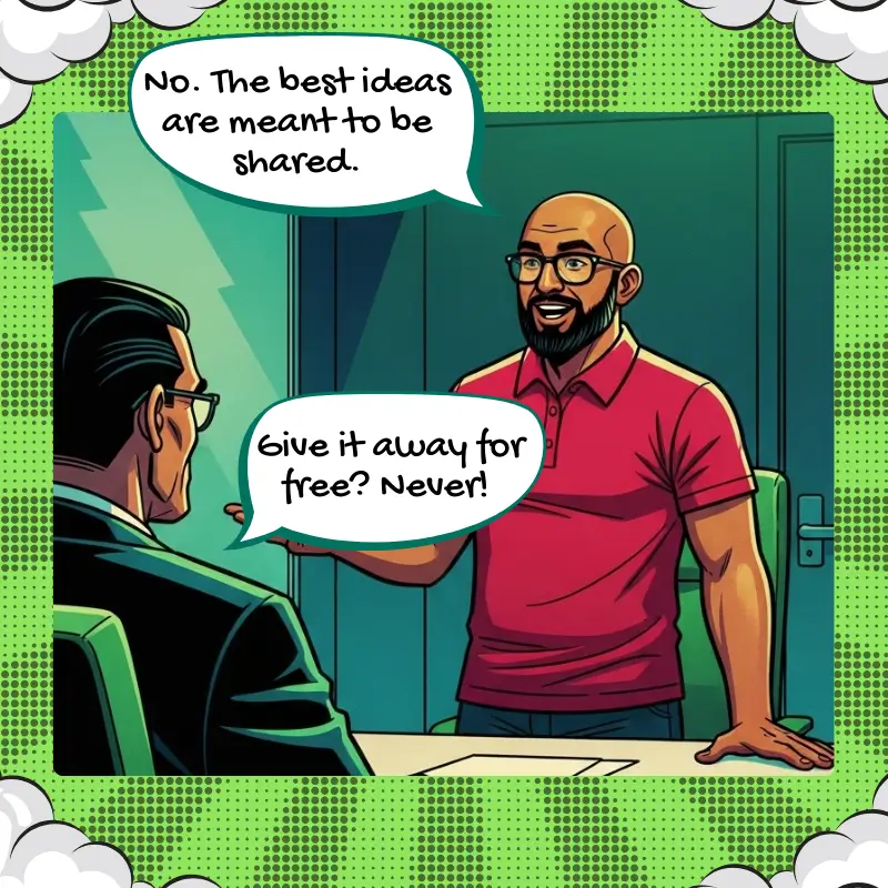 A comic-style illustration of Avinash, the founder of AI Monitor, speaking to a man in a suit. Avinash, wearing a red polo shirt, is smiling and gesturing with his hands as he says, 'Give it away for free? Never!' The other man is listening intently, and a speech bubble above Avinash reads, 'We must make it open source.' The scene takes place in a modern office setting.