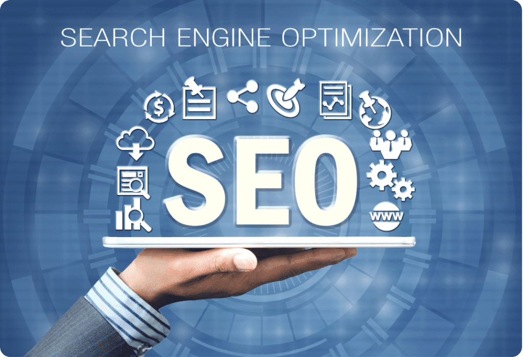 A digital illustration showing the term "SEO" (Search Engine Optimization) held by a hand, surrounded by icons representing analytics, content, link building, and web traffic, with a futuristic blue background